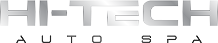 Logo for "Hi-Tech Auto Spa" featuring sleek, metallic silver text with a futuristic design, set against a black background.
