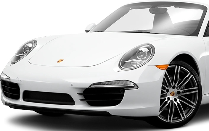 A front-angle view of a white Porsche 911 convertible with the top down, featuring clean body lines, sleek headlights, and polished multi-spoke wheels, isolated on a transparent background.