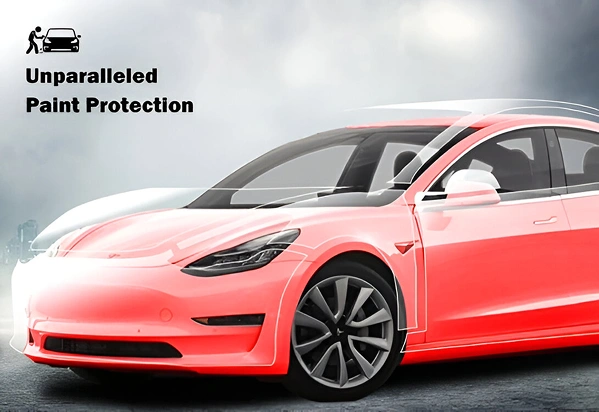 Image of a Tesla Model 3 with highlighted red sections indicating areas covered by paint protection film, accompanied by the text "Unparalleled Paint Protection" and an icon of a person detailing a car.