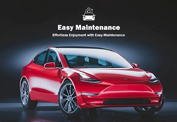 Red Tesla Model 3 under studio lighting with a reflective, clean finish, accompanied by the text “Easy Maintenance – Effortless Enjoyment with Easy-Maintenance” and a car care icon above it.