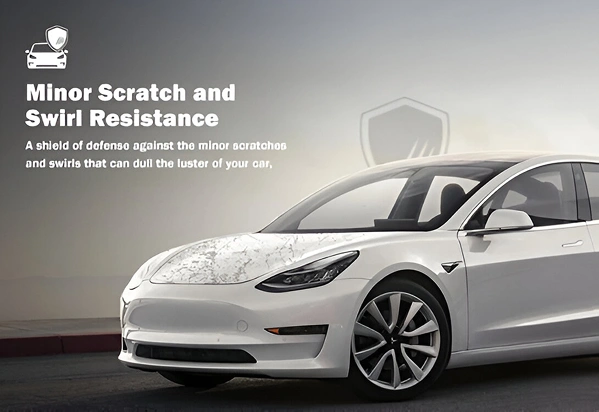 White Tesla Model 3 parked near a curb with a visual overlay showing minor scratches and swirls on the hood, accompanied by the text “Minor Scratch and Swirl Resistance” and a shield icon, emphasizing protective benefits.