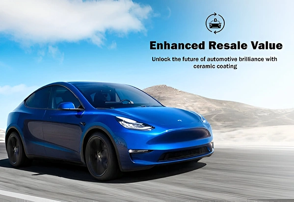 A shiny blue Tesla driving on a desert road under a bright sky, accompanied by the text “Enhanced Resale Value – Unlock the future of automotive brilliance with ceramic coating,” highlighting the benefits of ceramic coating for long-term car value.