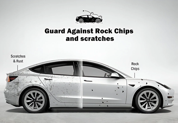 A white Tesla Model 3 shown with a split design—one side covered in scratches, rust, and rock chips, and the other clean and pristine—alongside bold text that reads “Guard Against Rock Chips and Scratches,” highlighting the benefits of paint protection.