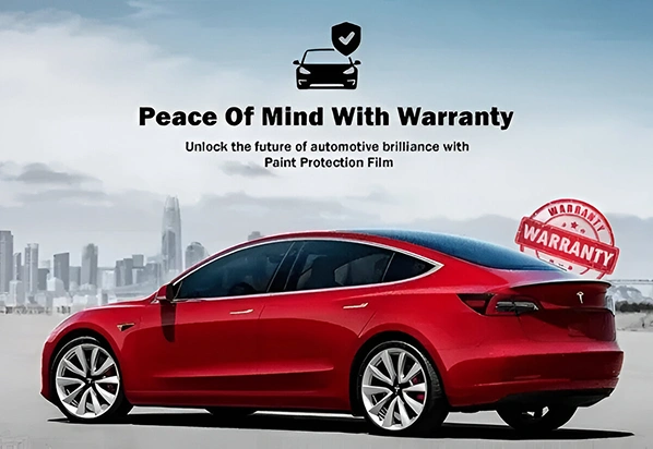 A red Tesla Model 3 parked with a city skyline in the background, overlaid with text reading “Peace of Mind With Warranty” and “Unlock the future of automotive brilliance with Paint Protection Film,” plus a red warranty badge and a shield icon.