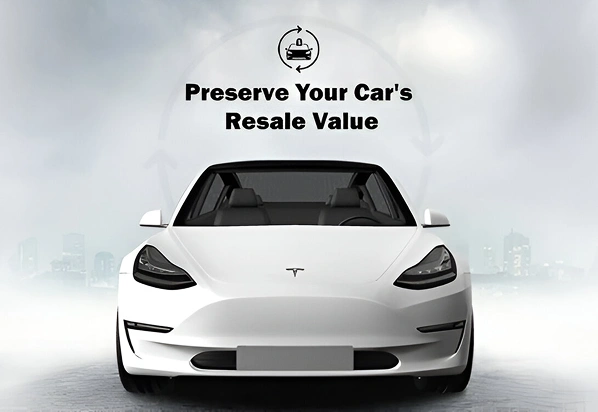 A white Tesla Model 3 viewed from the front with a clean, modern look, set against a soft cityscape background with text above reading “Preserve Your Car’s Resale Value” and a circular icon of a car with dollar sign.