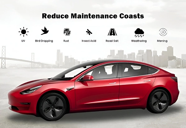 A vibrant red Tesla sedan parked against a city skyline backdrop, with icons above it showing protection from UV, bird droppings, rust, insect acid, road salt, weathering, and marring—alongside the headline "Reduce Maintenance Coasts" (note: 'Costs' appears misspelled).