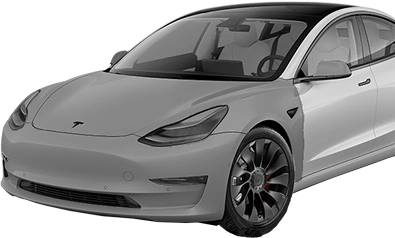 A front-angled view of a white Tesla Model 3 with a matte paint protection film visibly applied to the front fender and rear quarter panel, illustrating partial panel coverage, shown on a transparent background.