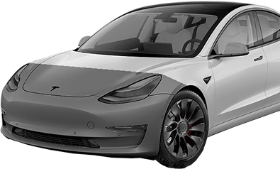 A front-angled view of a white Tesla Model 3 with a dark matte paint protection film applied over the hood, set against a transparent background, emphasizing contrast and partial surface coverage.