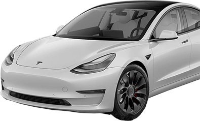 Front angled view of a white Tesla Model 3 with black roof and tinted windows, featuring performance wheels and a minimalistic, sporty design, isolated on a transparent background.