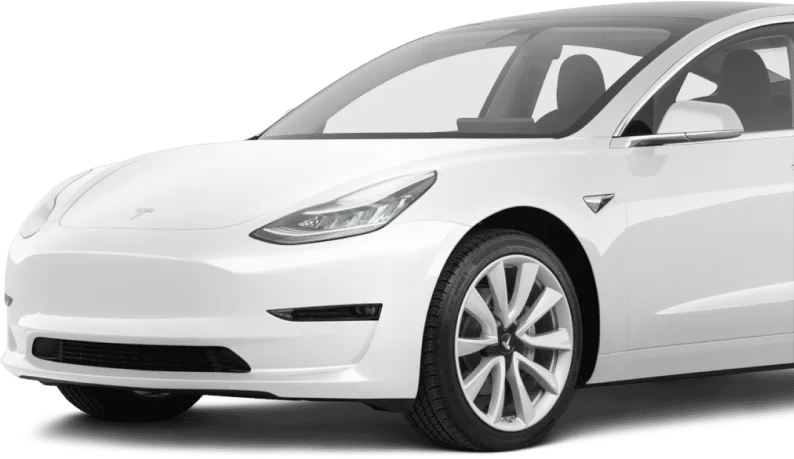 Sleek white Tesla Model 3 electric car shown from the front left angle, highlighting its aerodynamic design, black grille-less bumper, and signature LED headlights.