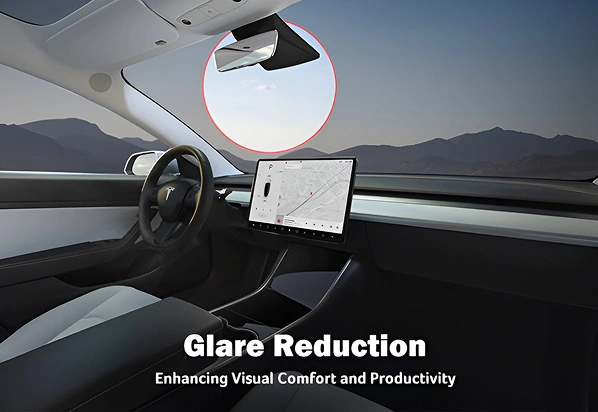 Interior of a Tesla Model 3 with a view of the dashboard and windshield at sunset, highlighting reduced glare with a red-circled area on the rearview mirror. Text reads “Glare Reduction – Enhancing Visual Comfort and Productivity.”