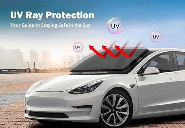 A white Tesla Model 3 is parked near a waterfront with red arrows and "UV" bubbles illustrating UV rays being deflected from the windshield. Text reads “UV Ray Protection – Your Guide to Staying Safe in the Sun.”