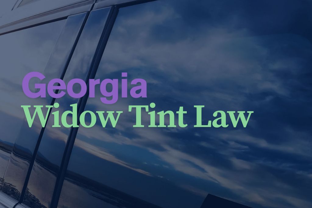 A darkly tinted vehicle window reflects a blue sky with soft clouds. Overlaid text in bold colors reads "Georgia Window Tint Law," introducing legal guidelines for car window tinting in the state.