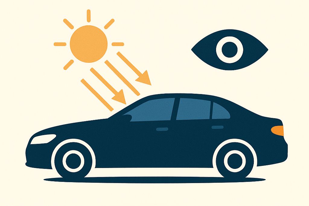 A graphic of a car under sunlight with orange rays and an eye icon, symbolizing glare reduction and increased visual comfort through window tinting.