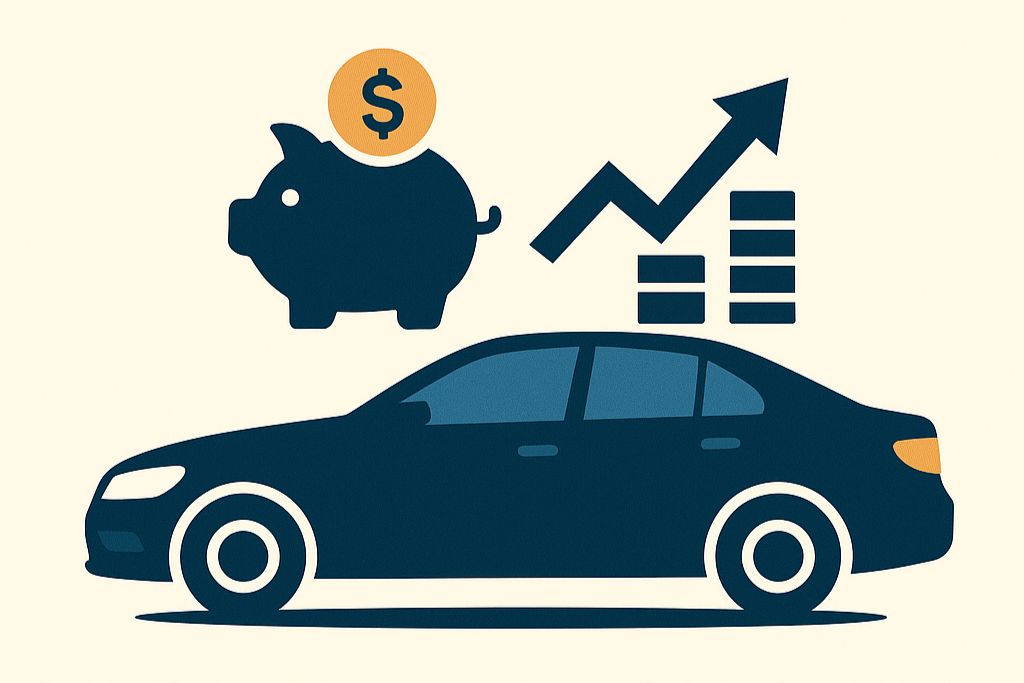 A graphic of a car with a piggy bank, dollar coin, and upward financial chart, symbolizing cost savings and value from window tinting over time.