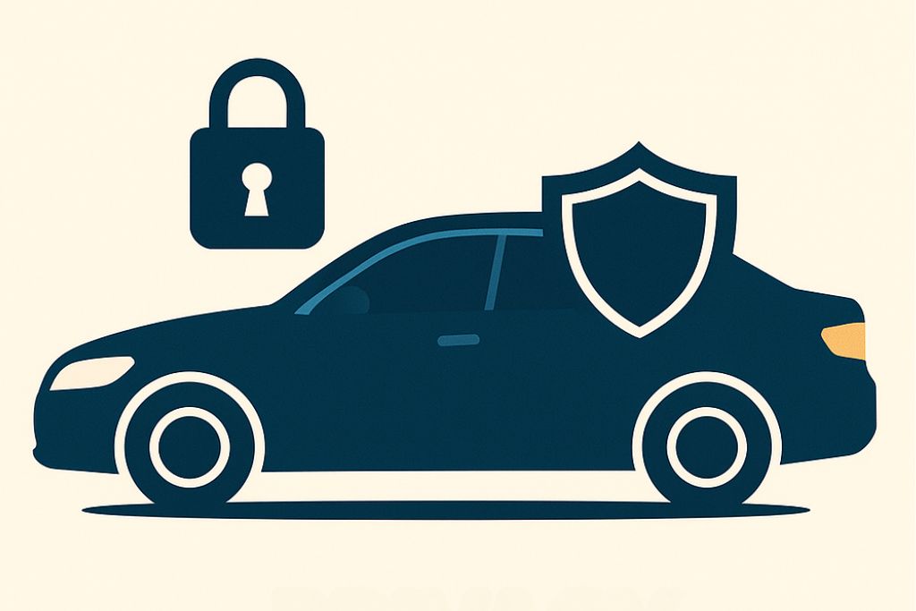 A stylized car graphic with a shield and padlock icon, illustrating enhanced privacy and added security provided by automotive window tint.