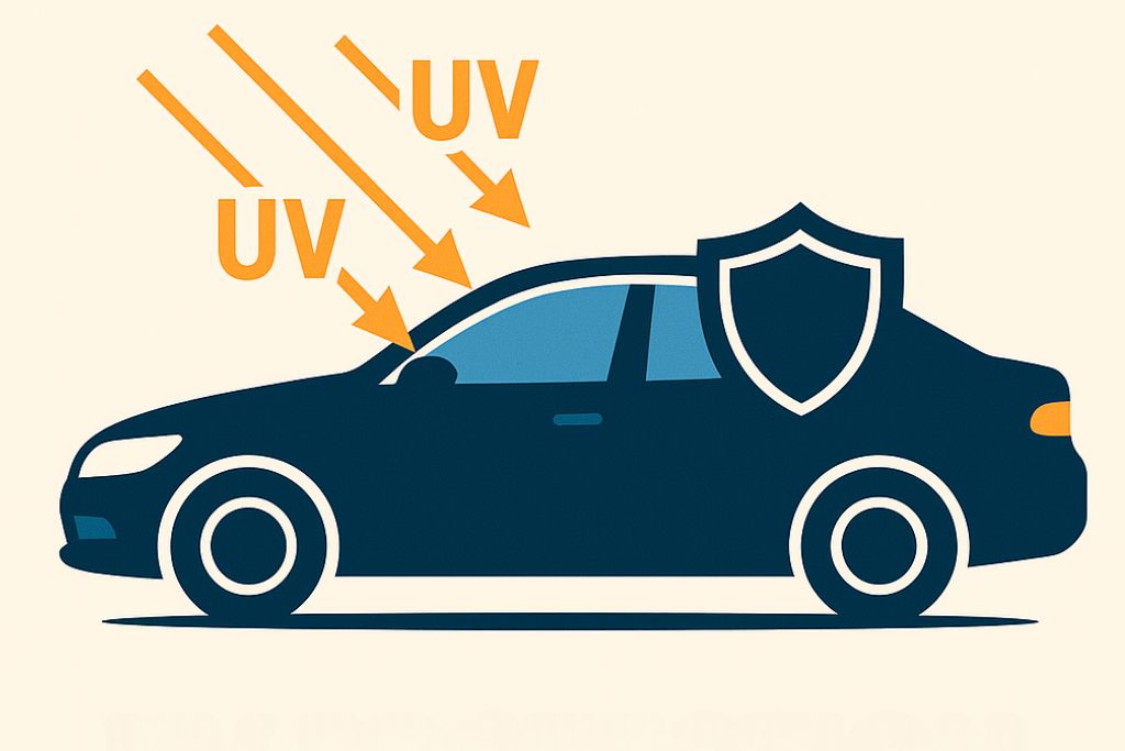 An image showing a car being shielded from harmful UV rays, with arrows labeled “UV” deflecting off the tinted windows and a protective shield symbol.