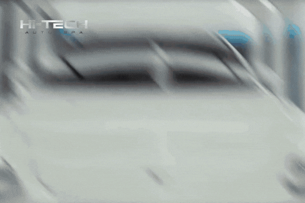 Animated GIF showing a high-end white sports car undergoing a professional ceramic coating at Hi-Tech Auto Spa. The car's surface transitions from dull to glossy, emphasizing the reflective shine and protection achieved. The Hi-Tech Auto Spa logo appears in the upper left corner.