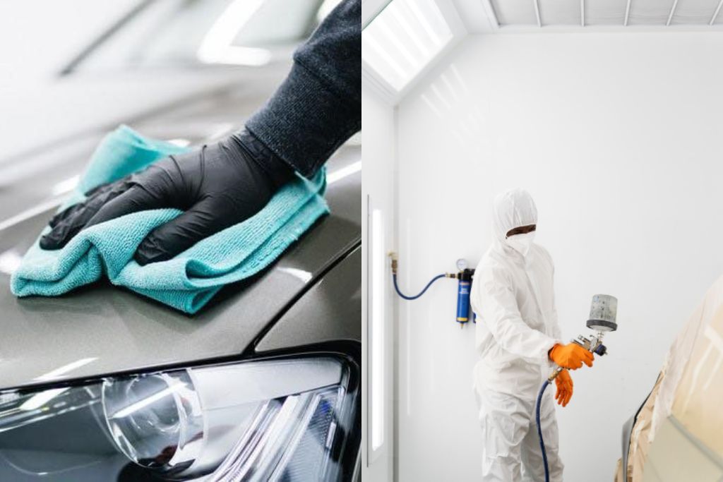 Split image: On the left, a gloved hand wipes a car hood with a teal microfiber cloth, focusing on the headlight area; on the right, a technician in a full white protective suit spray-paints a car in a paint booth.