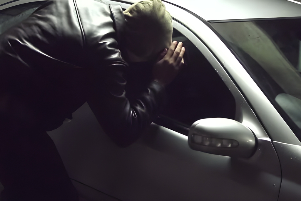 A person in a black leather jacket peers into a car window in a dimly lit area, suggesting suspicious activity. The dark tint on the car’s window highlights how privacy film can deter theft by concealing valuables from view.
